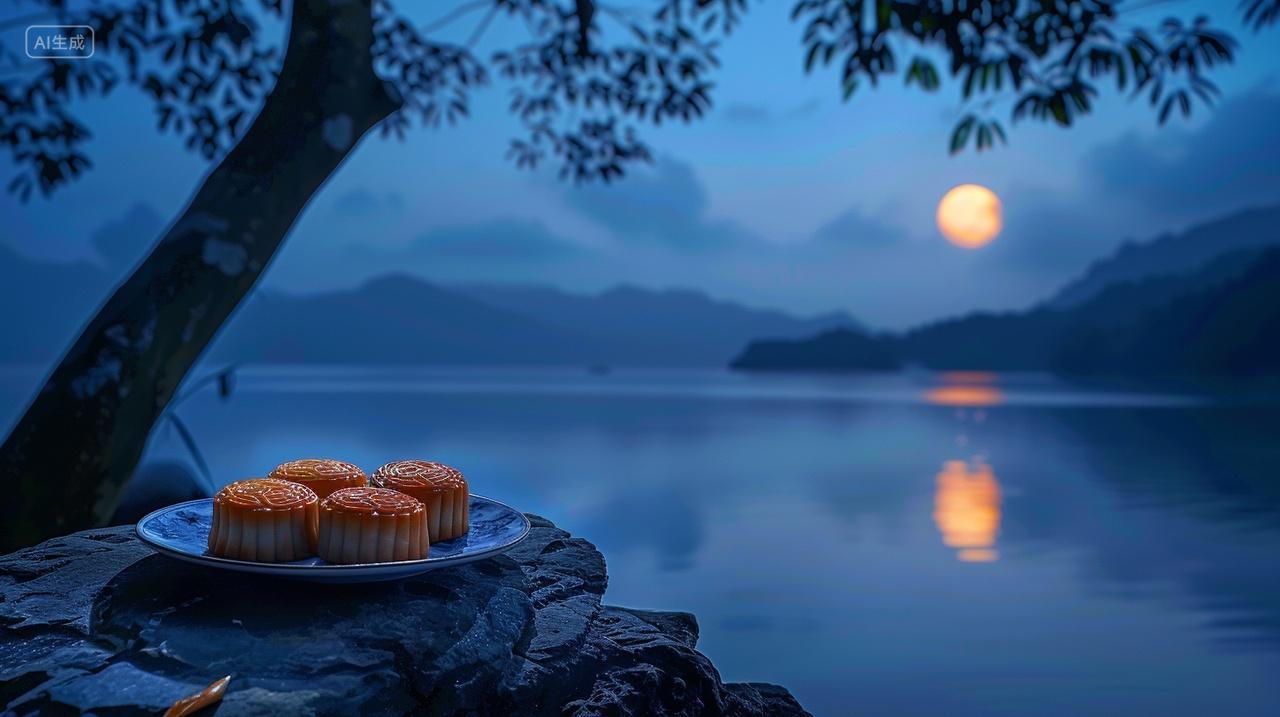 湖边的石头上摆着一盘月饼