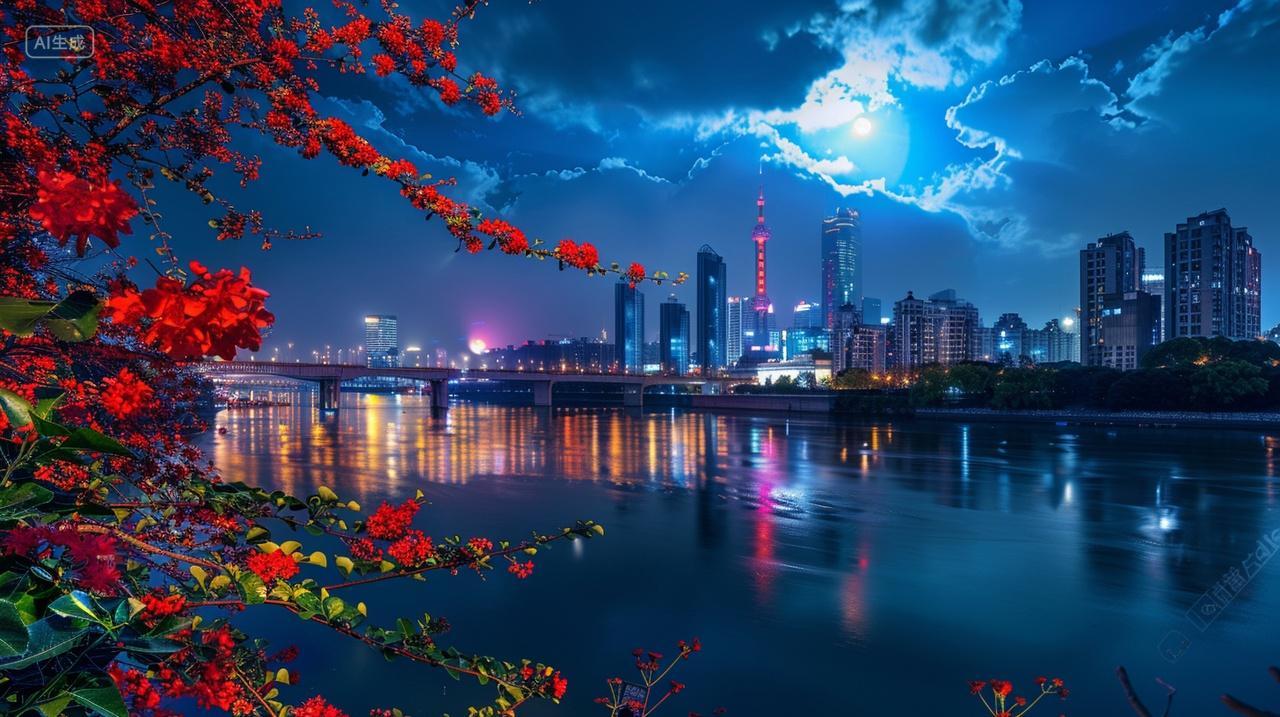 月光下的江景建筑