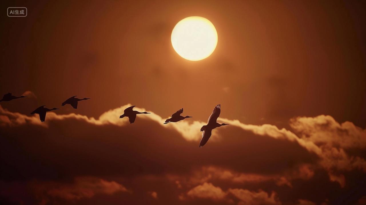 一群大雁从月亮下飞过