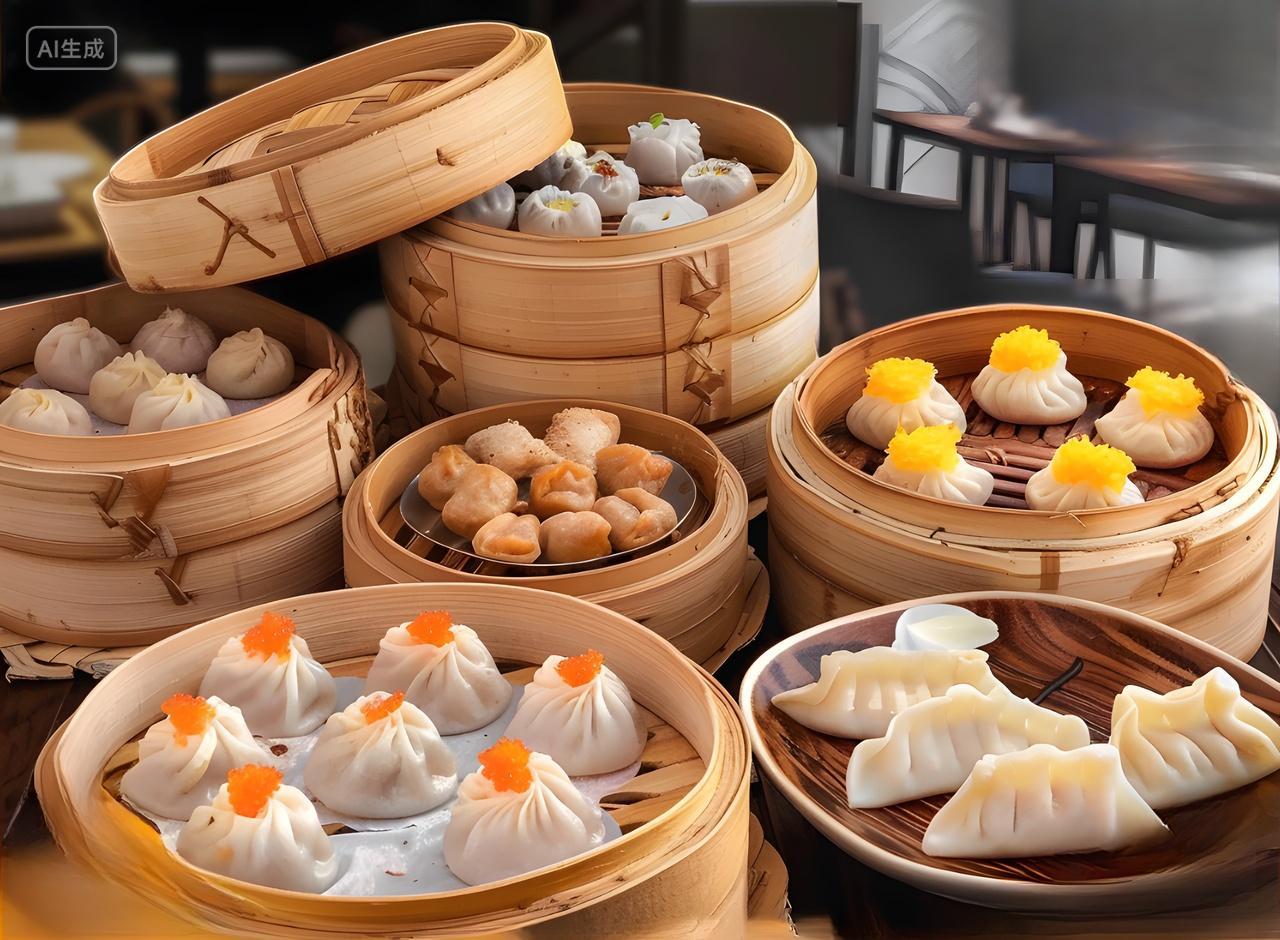 餐饮美食广式早茶好几笼蒸饺早点食物图片