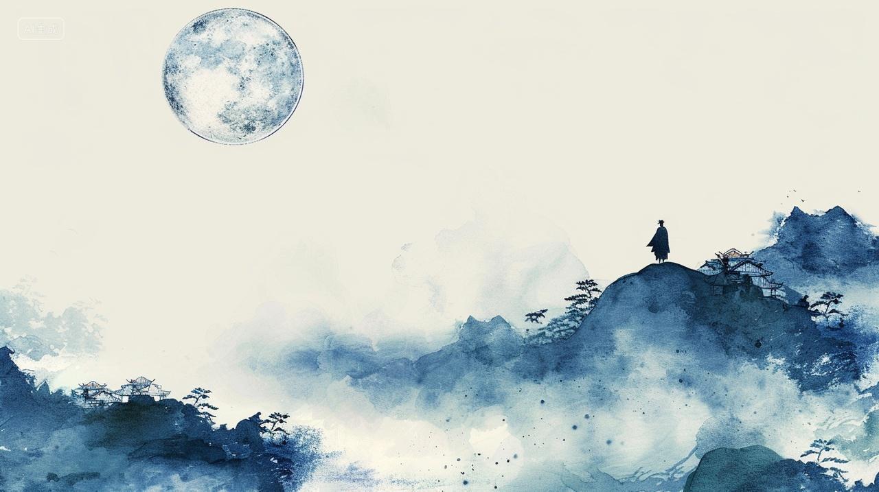 山水和月亮水墨背景