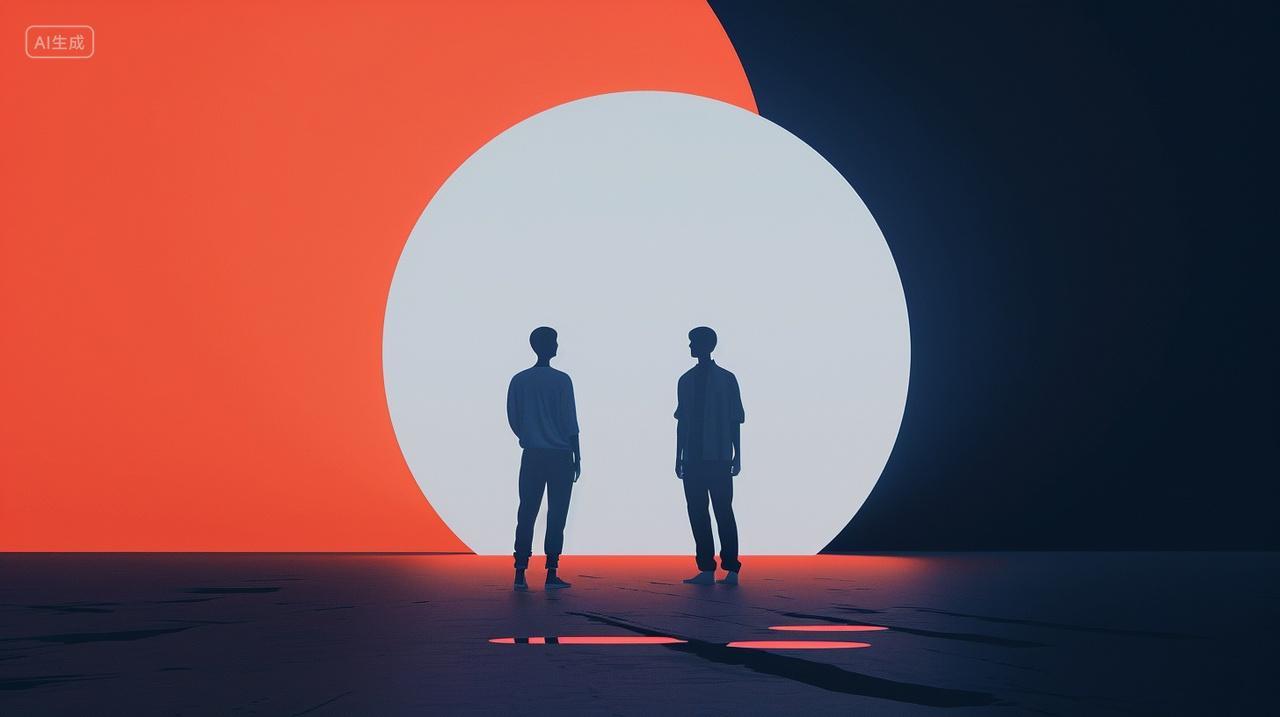 2个人站在月亮前面抽象艺术背景