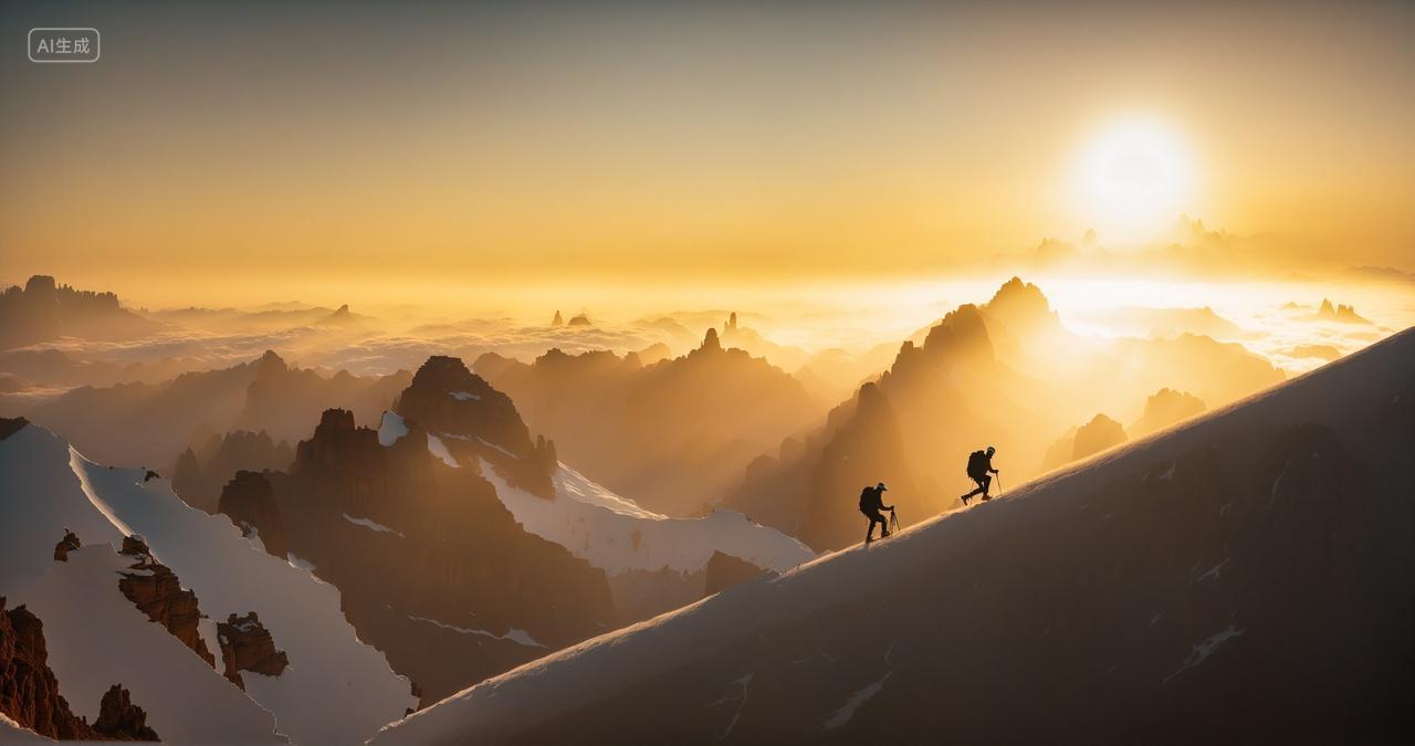 夕阳登山人攀登雪山山峰企业精神正能量励志