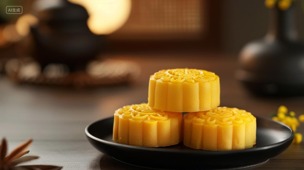 桌子上摆着一盘冰皮月饼