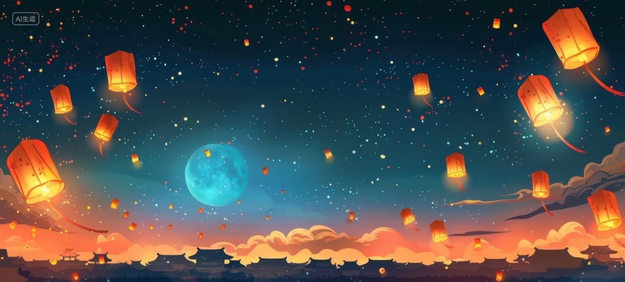 夜晚向天上飞去的孔明灯中秋节