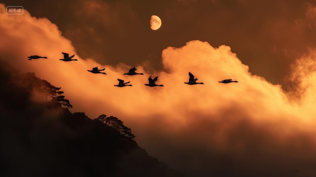 月亮下飞过一群大雁