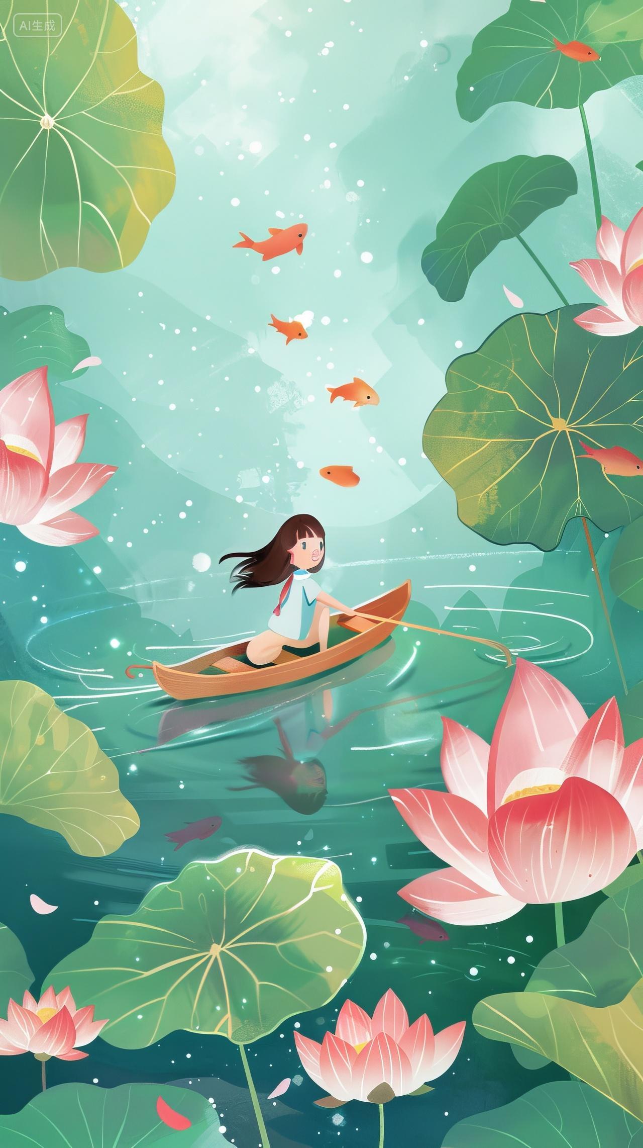 荷花塘里划船的小女孩