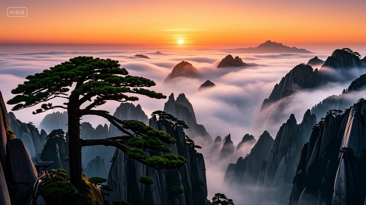 中国安徽黄山奇松怪石云海日出风景壁纸旅游
