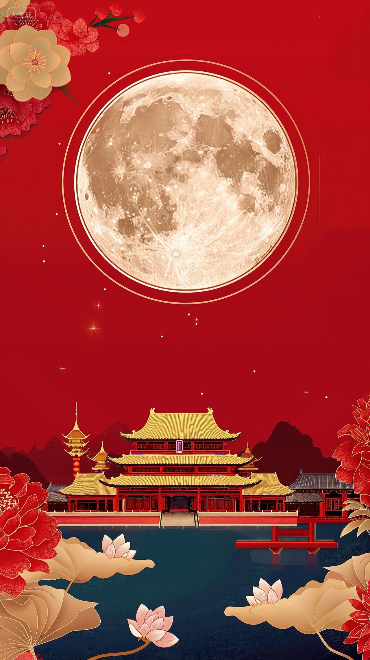 中秋节月亮下的古建筑国潮中秋背景