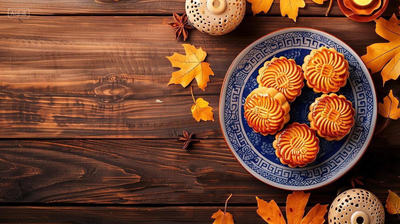 中秋节木板桌上摆着一盘月饼周围散落有枫叶