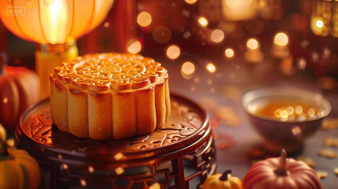 中秋节桌子上摆着一个大月饼和一杯茶