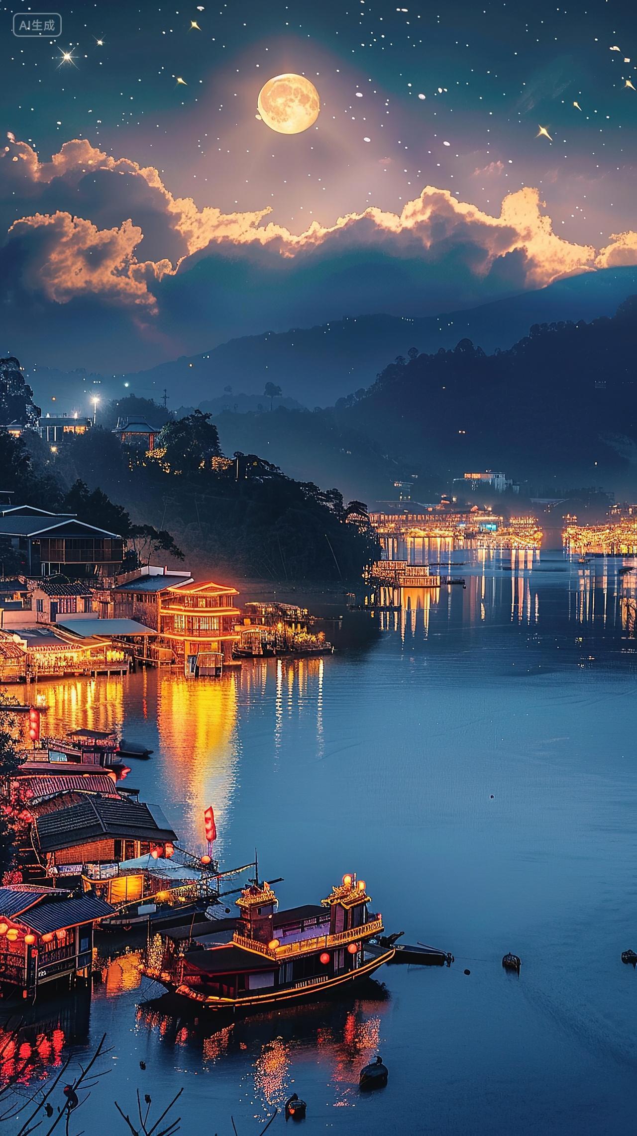 山水建筑中秋背景