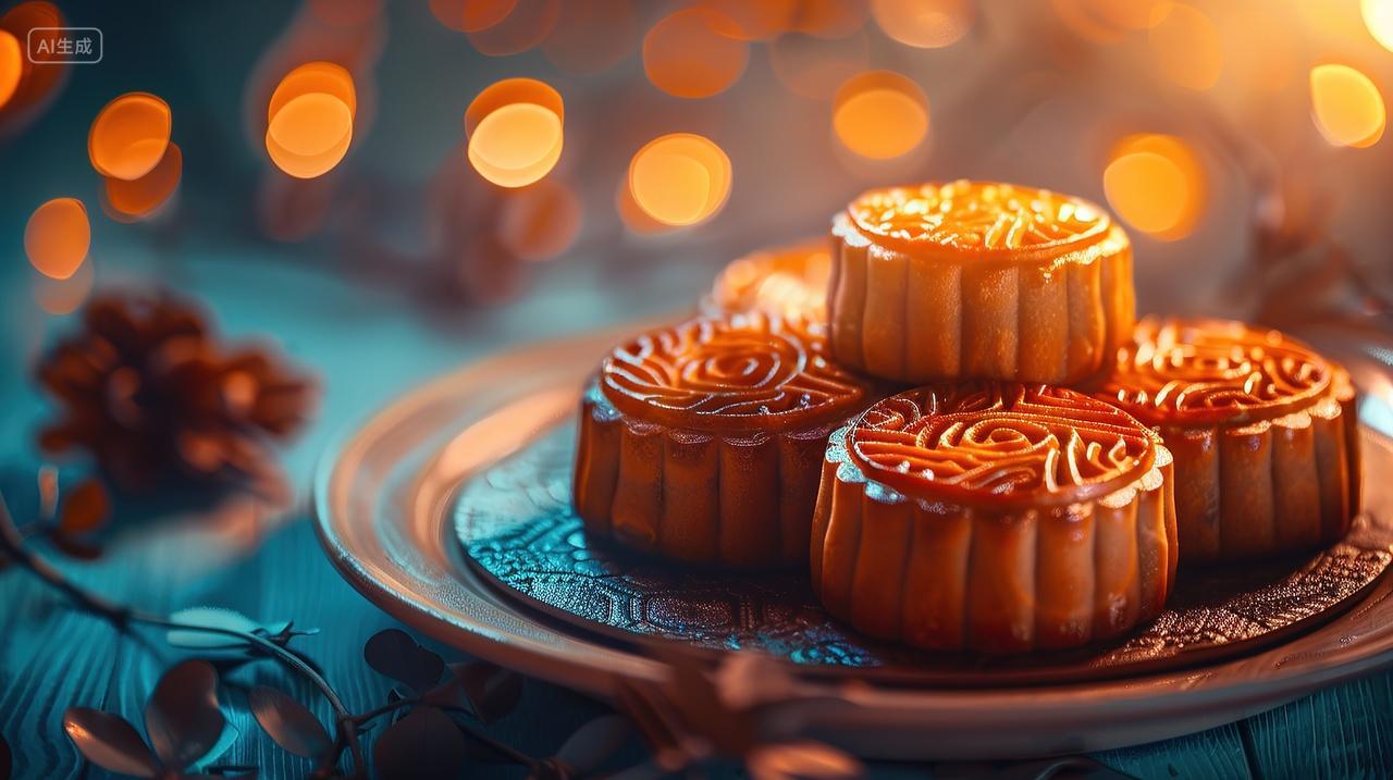 中秋节桌子上摆着一盘月饼