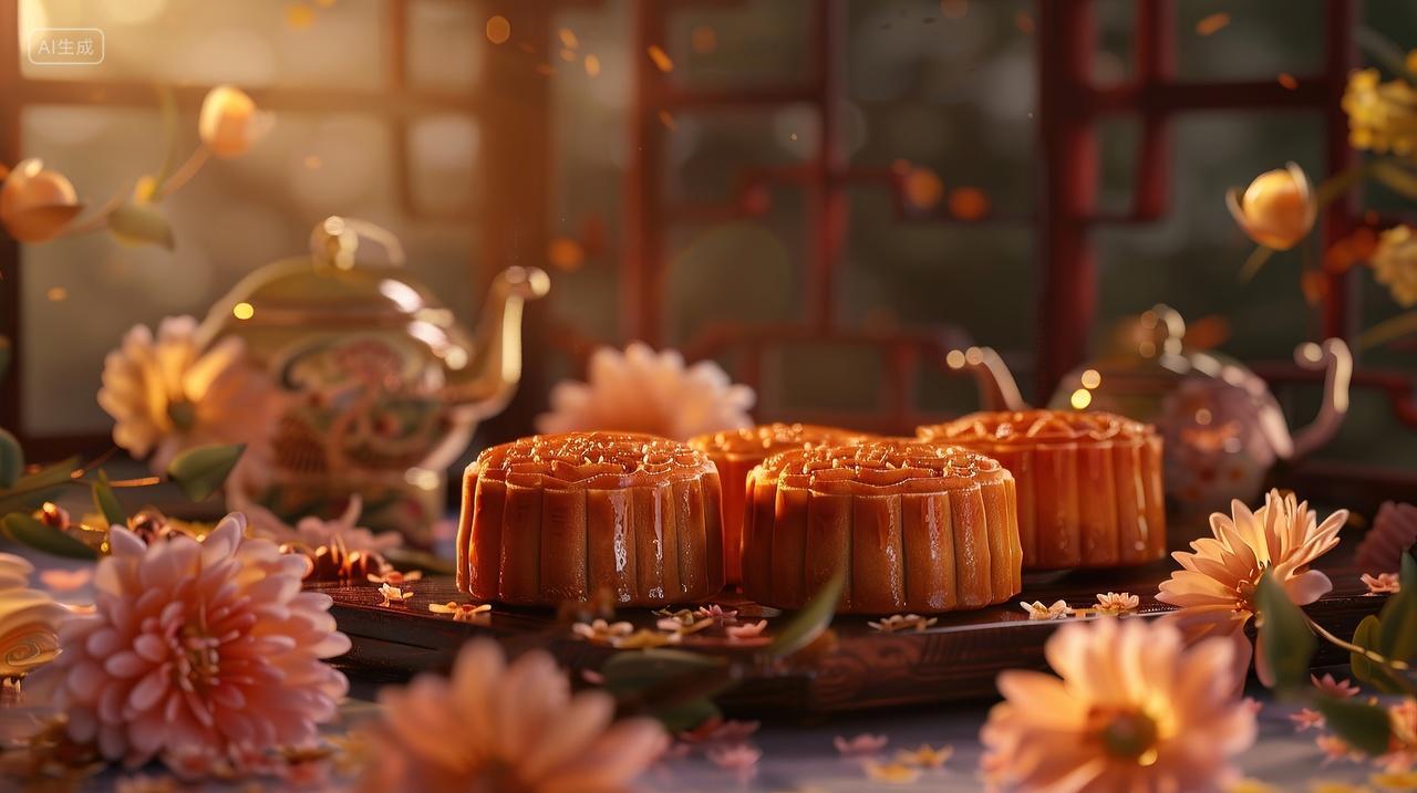 桌子上摆着月饼和菊花