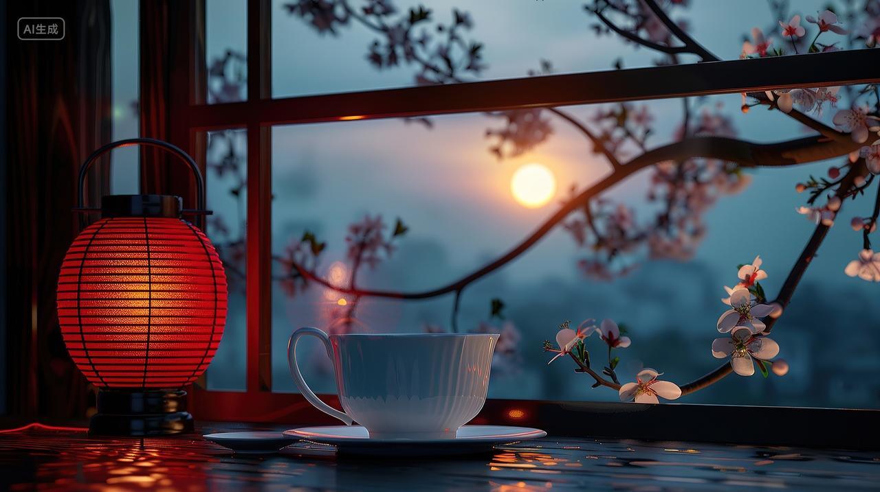 室内桌子上摆着一杯茶和一个灯笼户外有明月