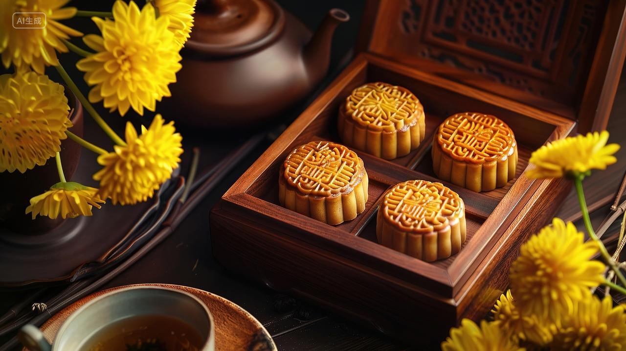 一个木方盒子里装着月饼周围摆放着菊花