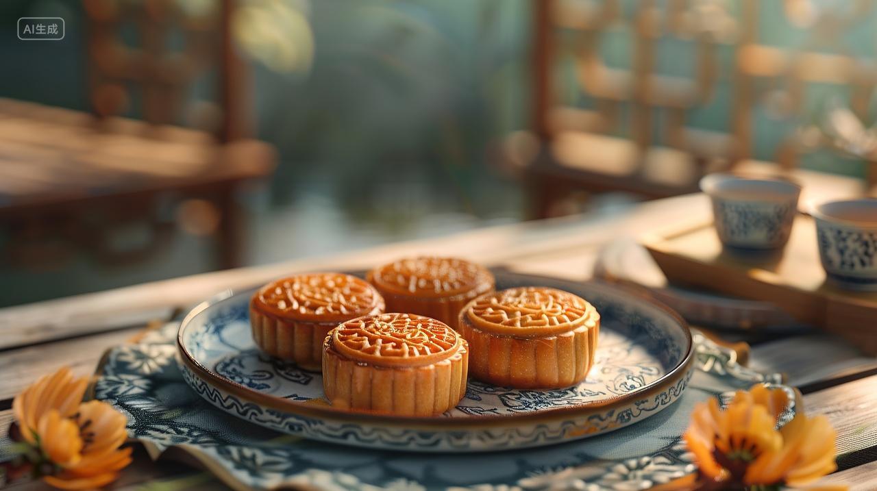室内桌子上摆着一盘月饼