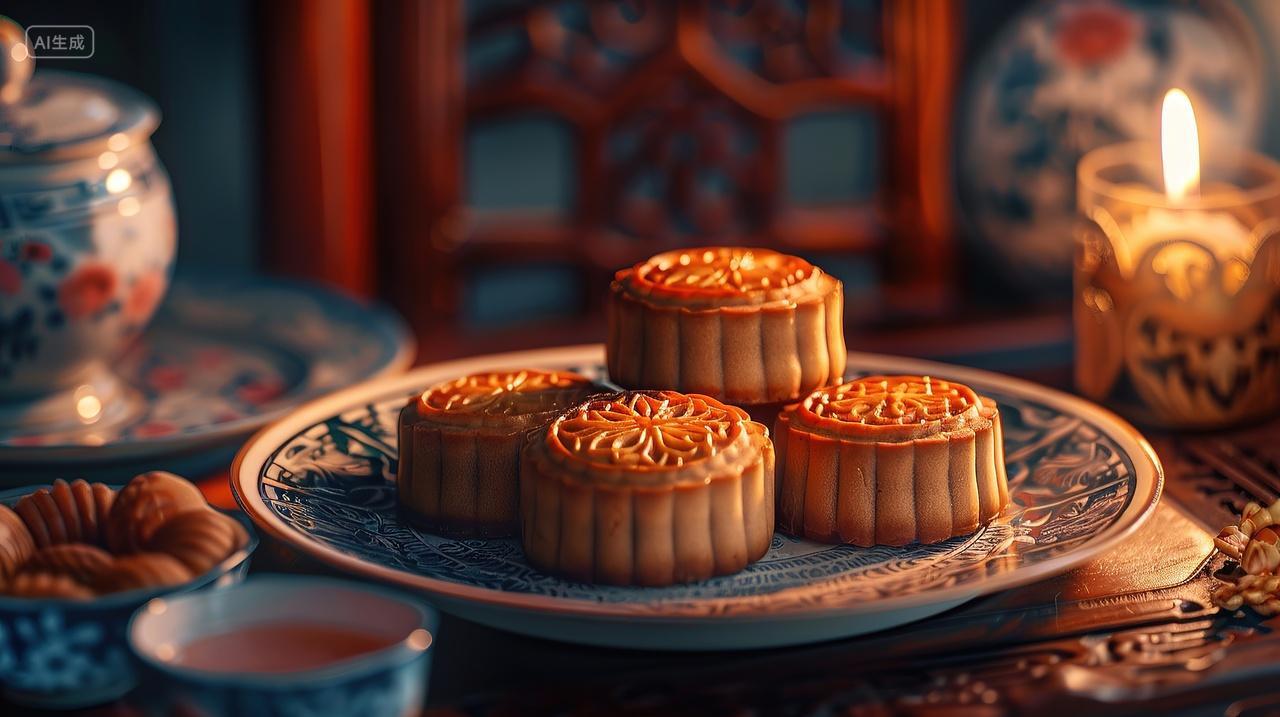 室内桌子上摆着月饼和蜡烛