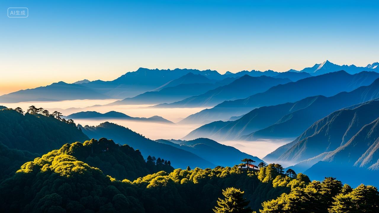 中国四川峨眉山群山云海日出风景壁纸旅游