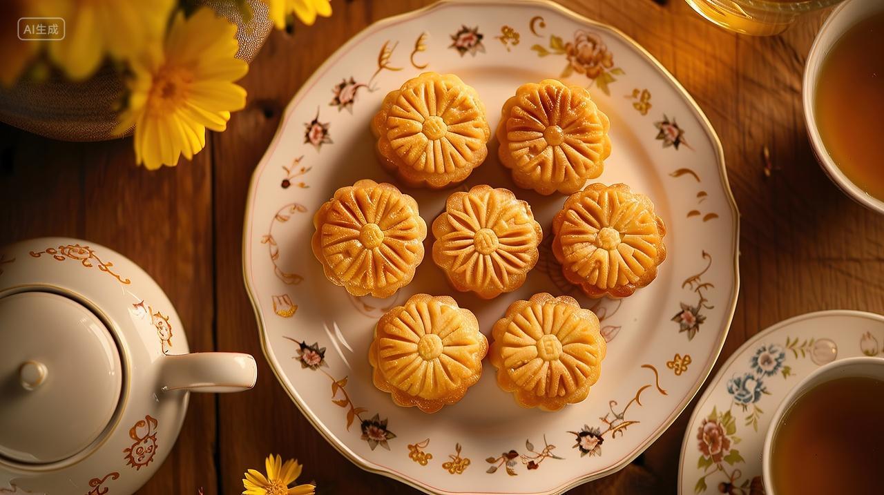 中秋节一个盘子装满了月饼周围有茶壶