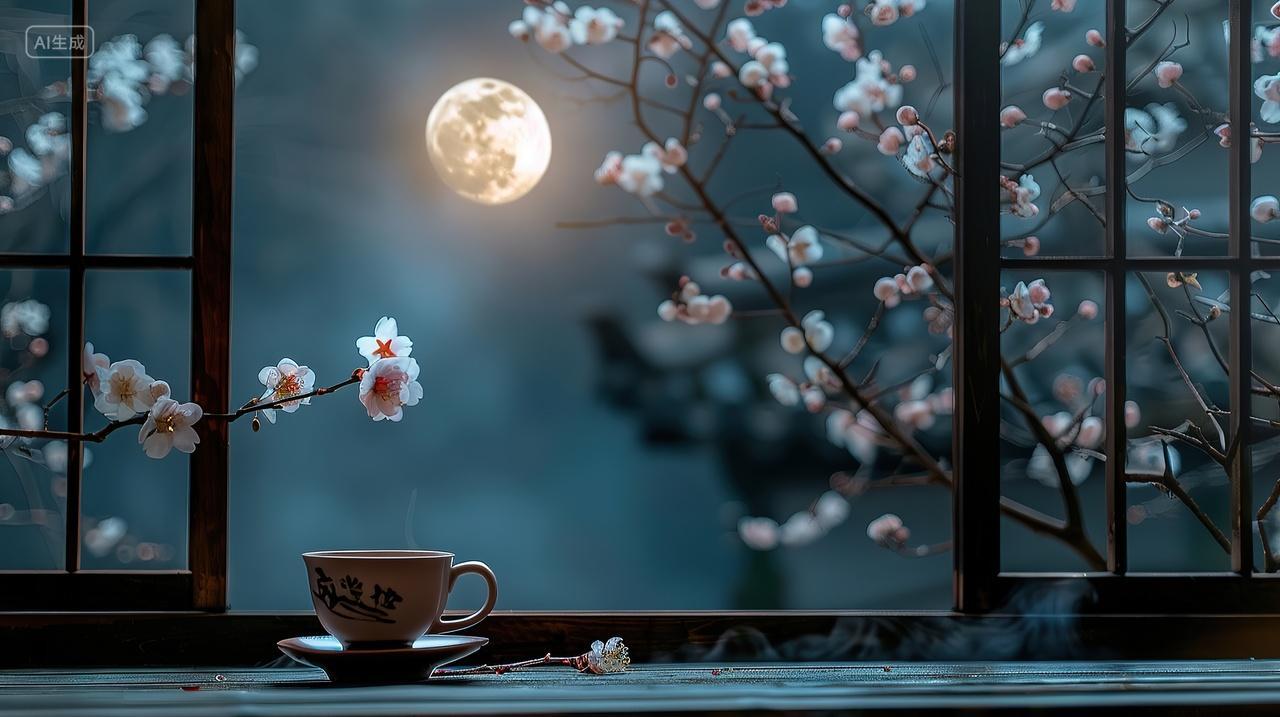 窗外一轮明月和鲜花