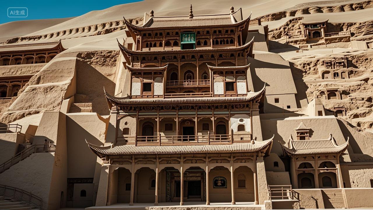 中国甘肃敦煌莫高窟古建筑旅游景点