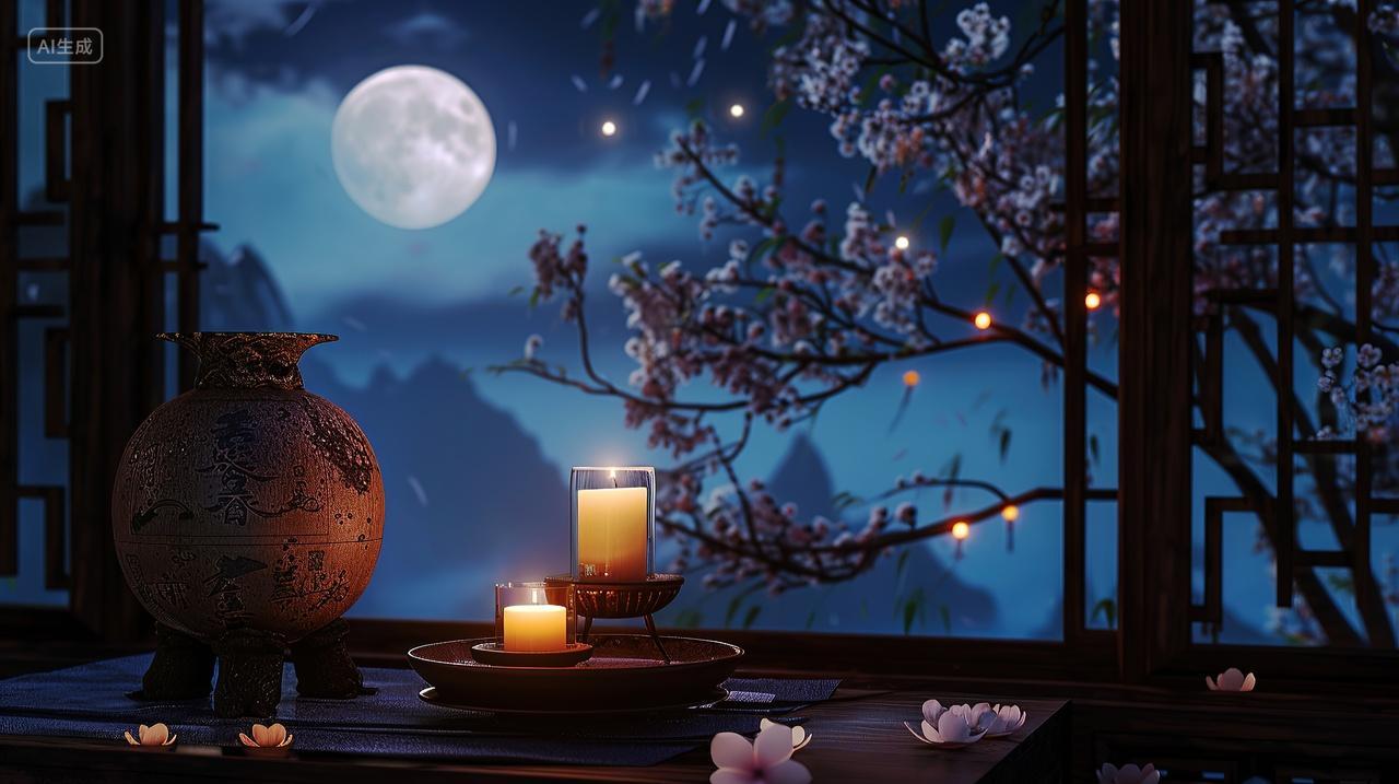 中秋节窗外一轮明月和桃花室内点着蜡烛