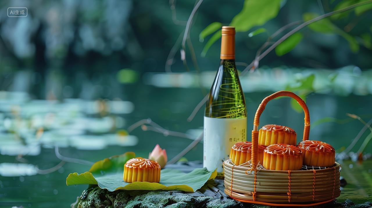 湖边的石头上摆着一篮子月饼和一瓶酒