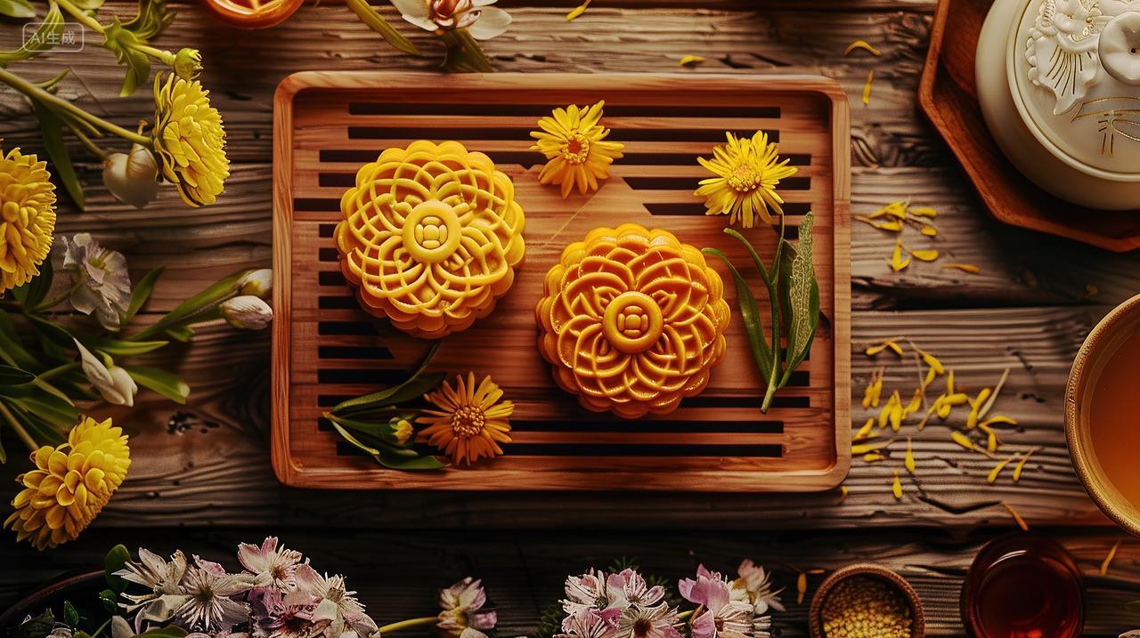 中秋节一个盘子里装着月饼和菊花