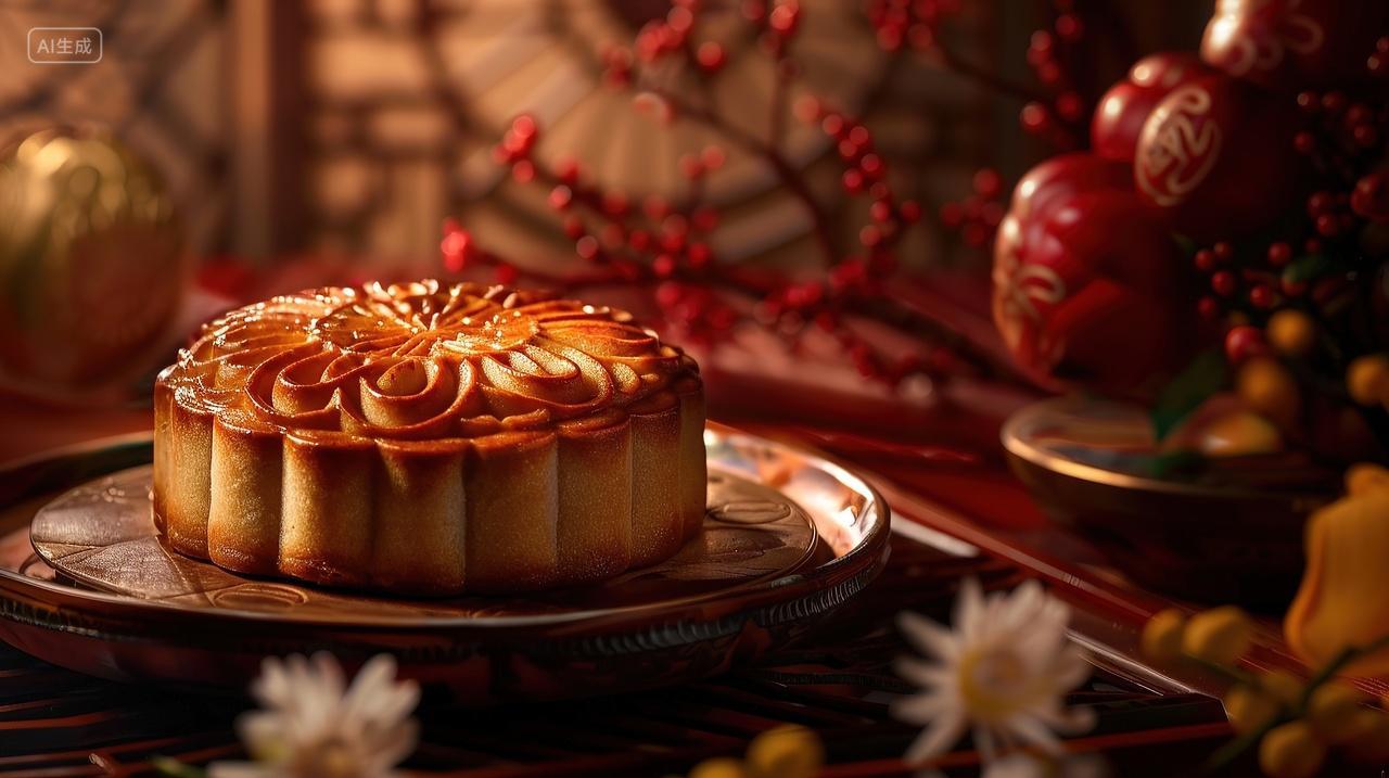中秋节室内一个盘子里装着一个大月饼