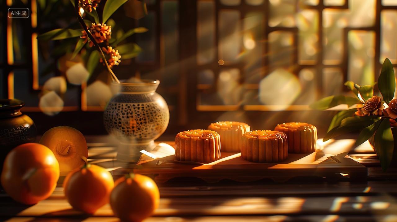 中秋节一束光从窗户照射在桌子的月饼