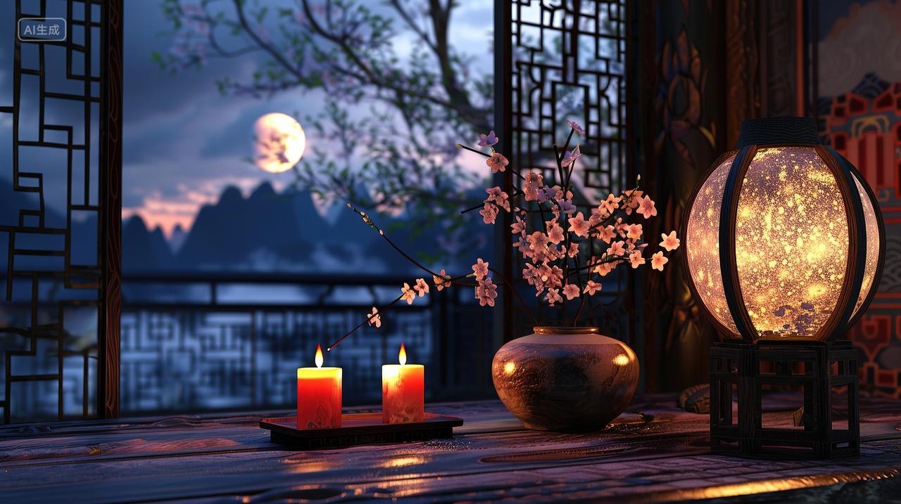 中秋节室内地板上摆着2根蜡烛和一个灯笼窗外有一轮明月