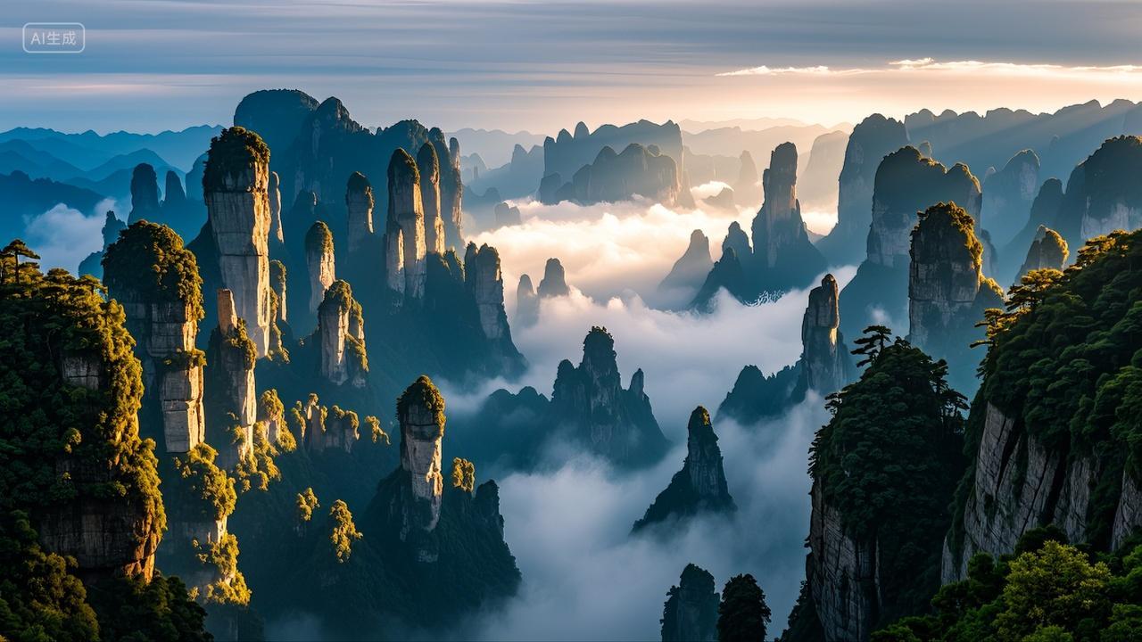 湖南省张家界山峰群山云海日出风景旅游壁纸