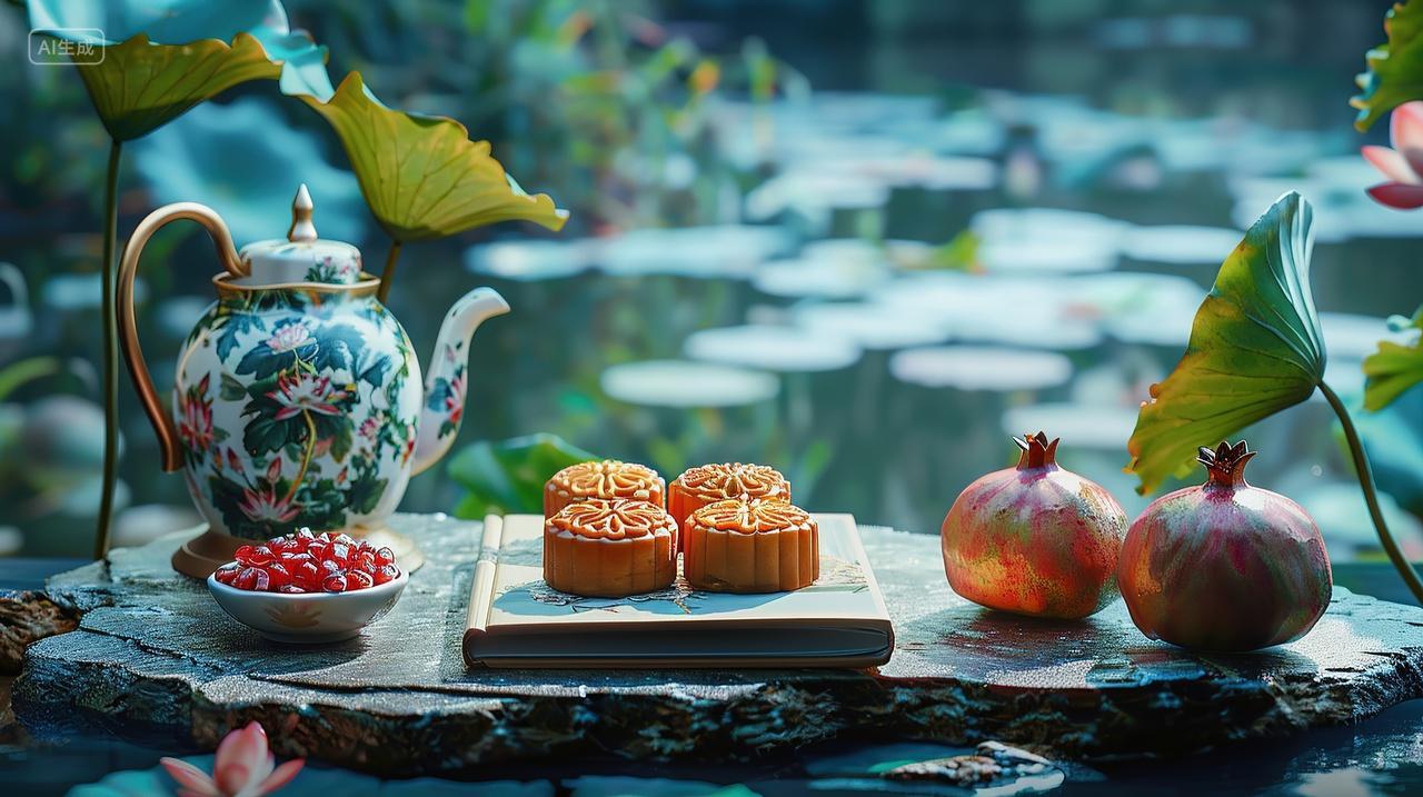 荷塘边摆着一盘月饼和2个石榴