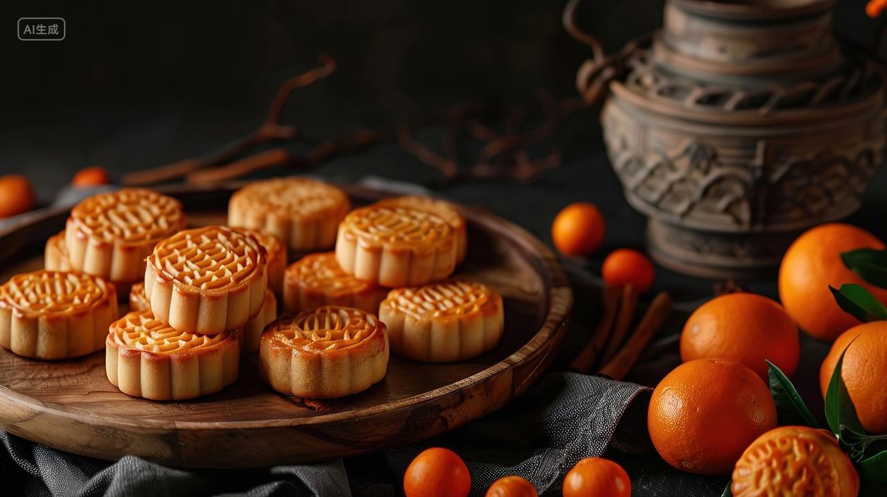 中秋节一个盘子装满了月饼周围散落着水果中秋背景