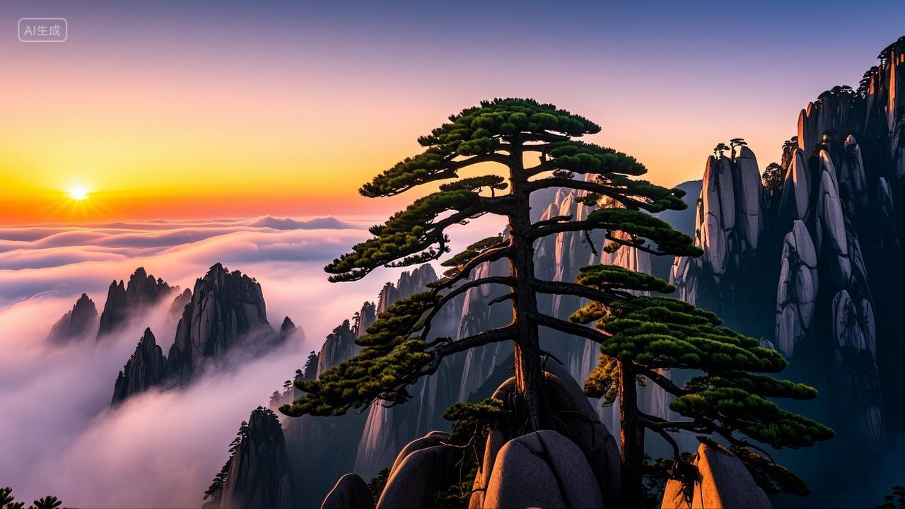 中国安徽黄山奇松怪石云海日出风景旅游