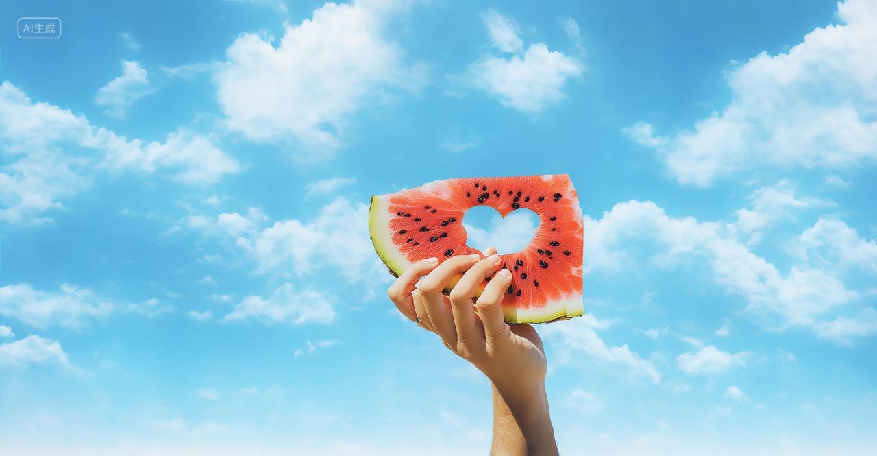 蓝天白云一只手举着西瓜夏天背景