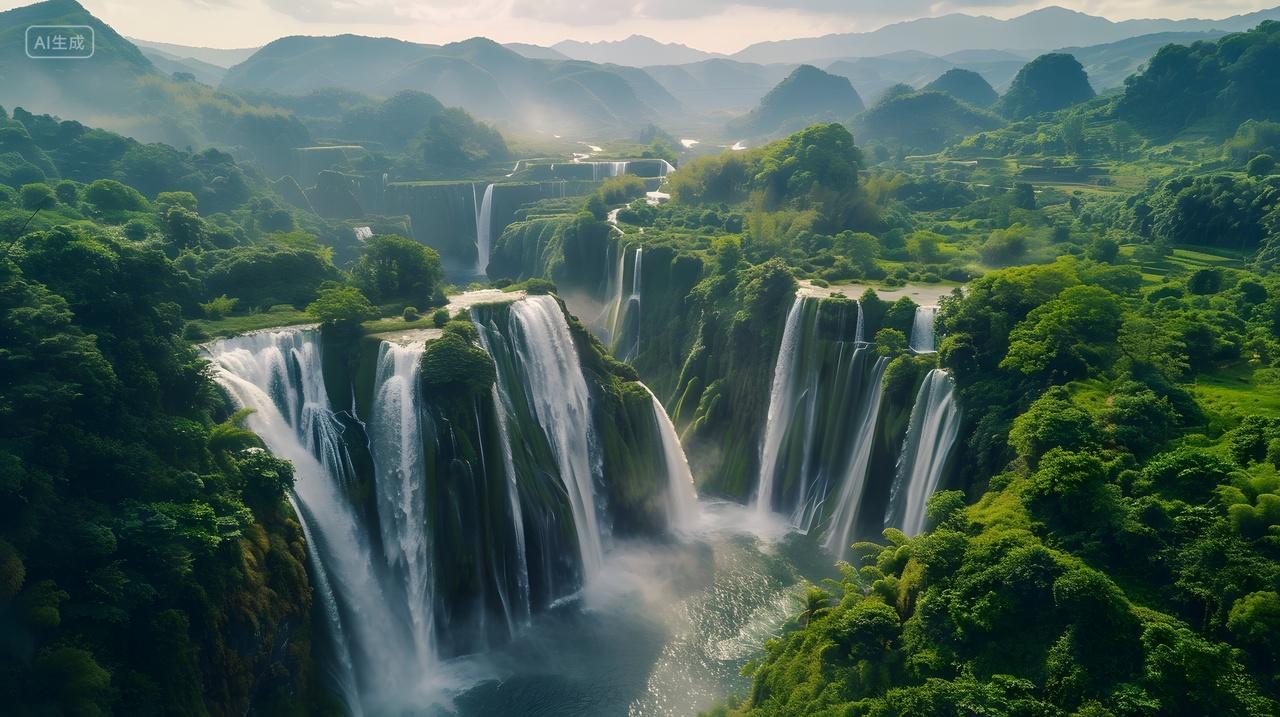 清晨壮丽瀑布群山环绕风景壁纸