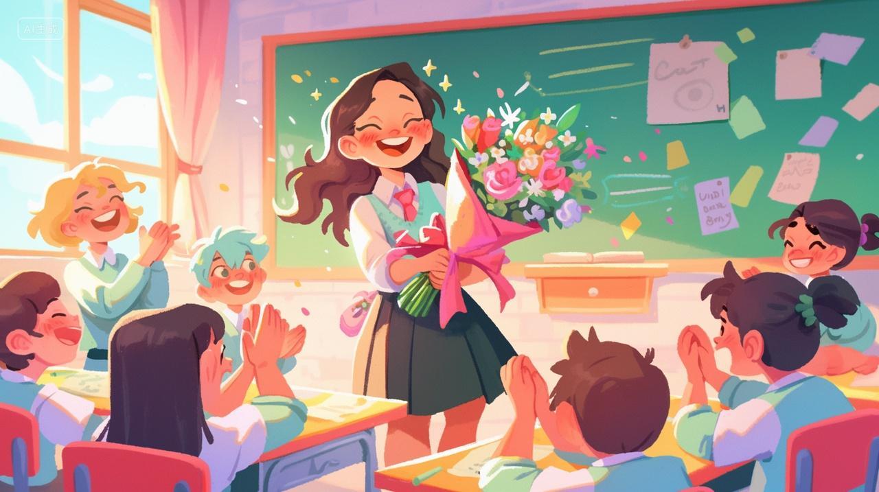 教室里学上祝贺捧着花束得老师教师节温馨插画