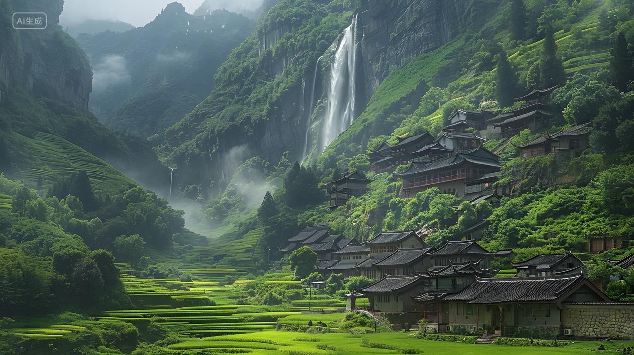 古村瀑布山谷绿意风景壁纸