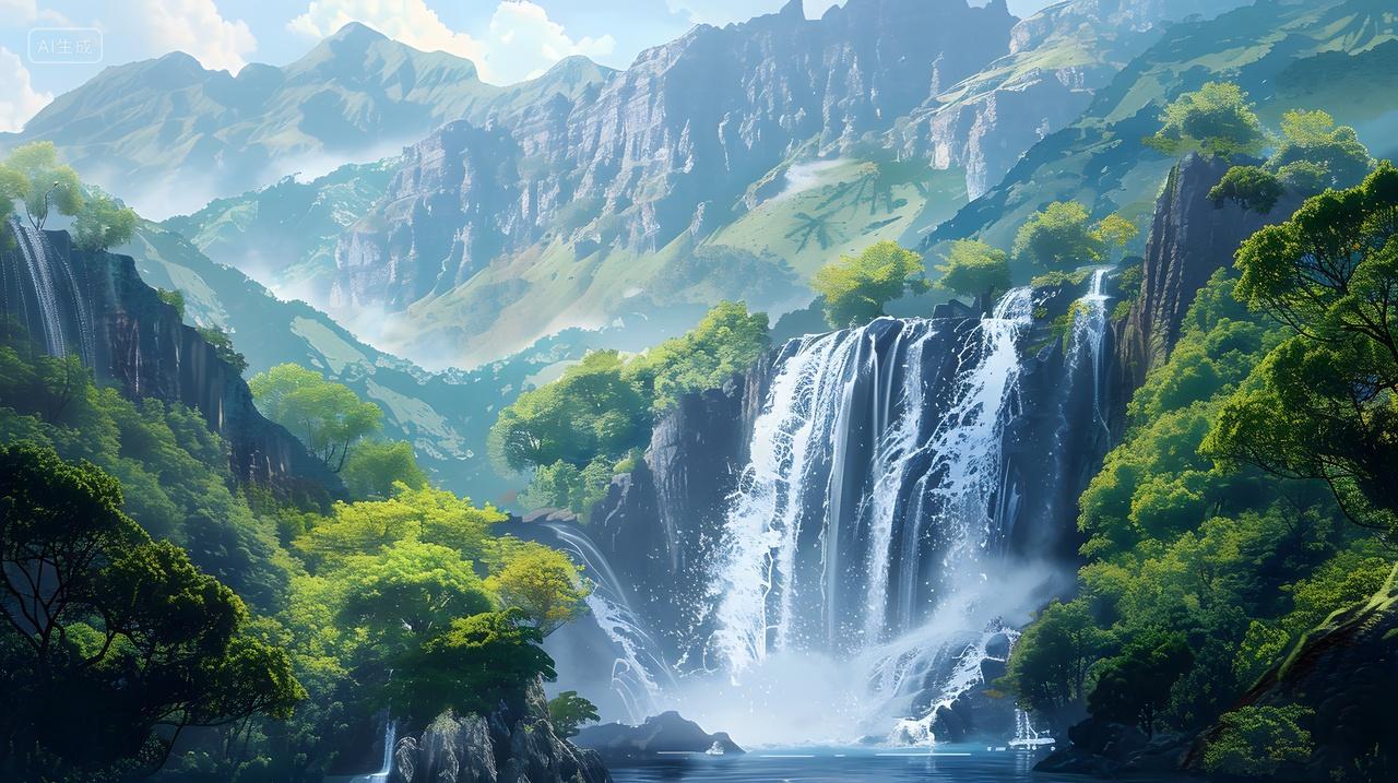 夏日清晨瀑布山谷自然风景壁纸