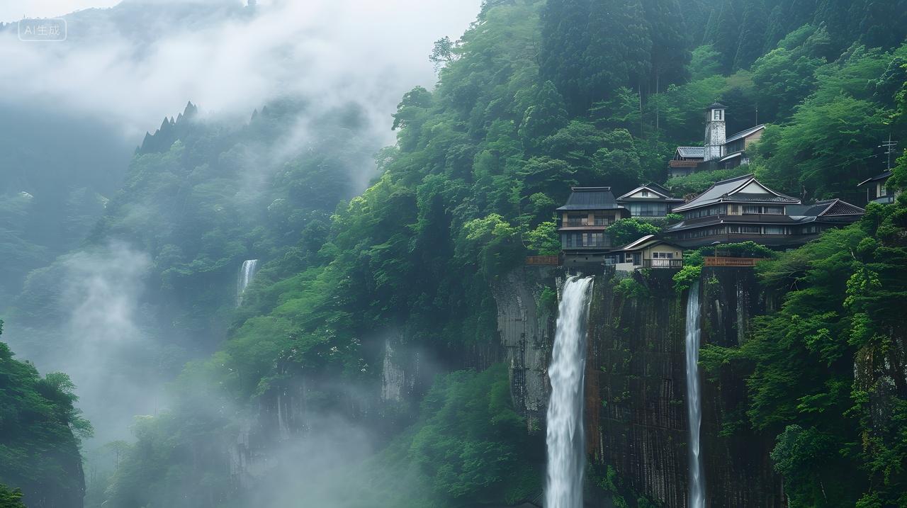 清晨瀑布山间古寺自然风景壁纸