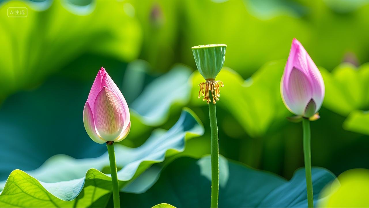 荷塘里的荷花荷苞莲蓬风景壁纸