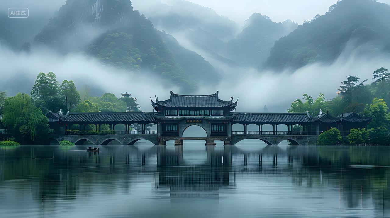 清晨雾中桥梁山水风景壁纸