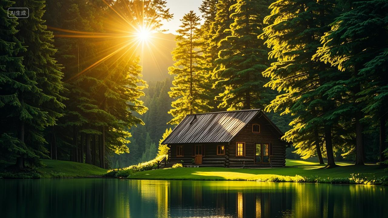 阳光下林间木屋湖泊草地风景壁纸