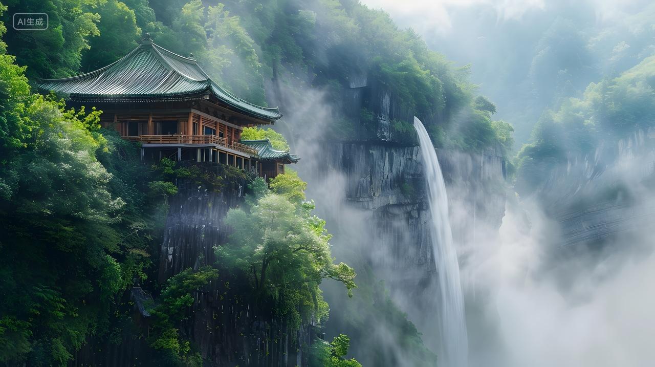 山中瀑布与古庙风景壁纸