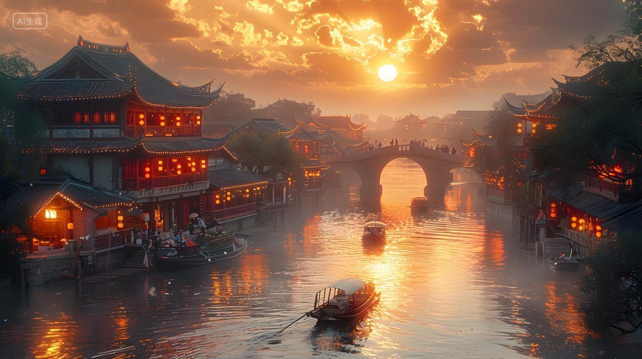 黄昏水乡古镇桥梁风景壁纸