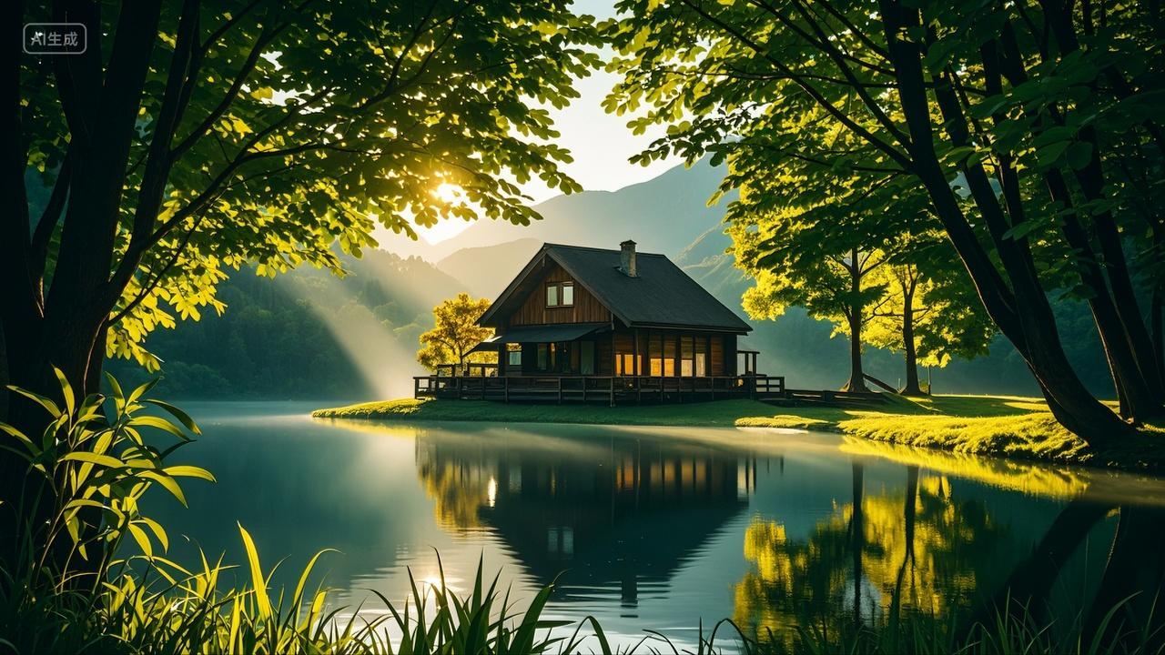 阳光下林间木屋湖泊草地风景壁纸