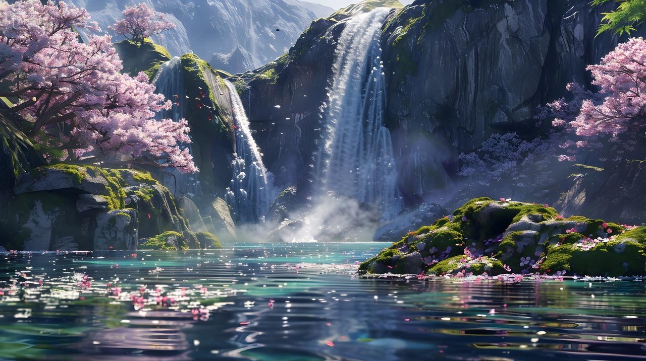 樱花盛开的湖边瀑布风景壁纸