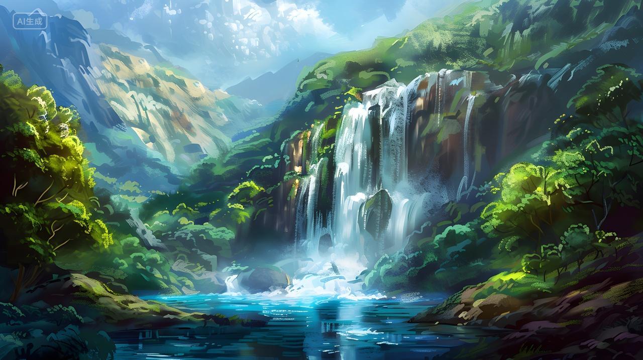 阳光瀑布群山自然风景壁纸